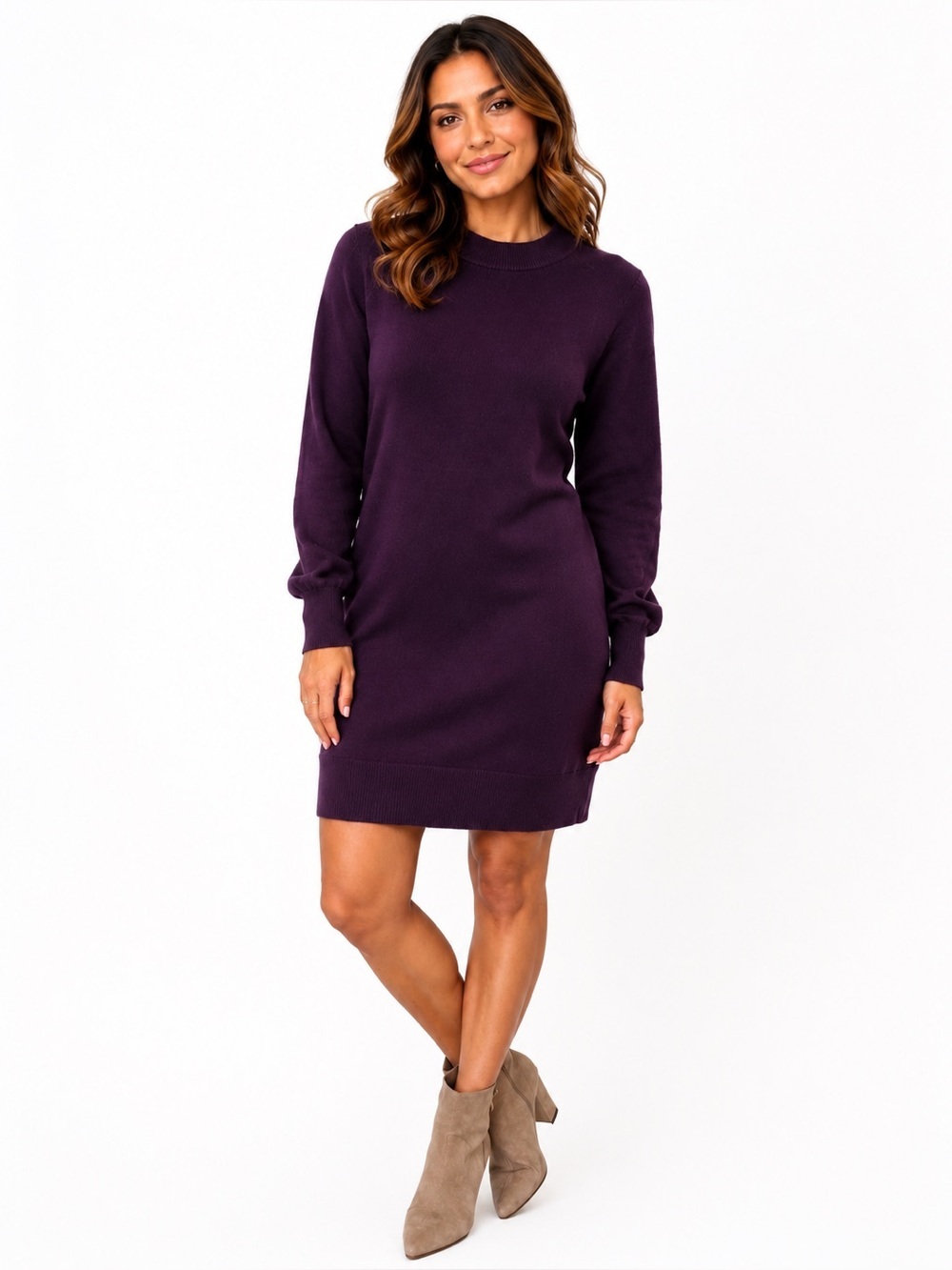 NWT Club Monaco Ribbed Knit Crewneck Dress in Plum